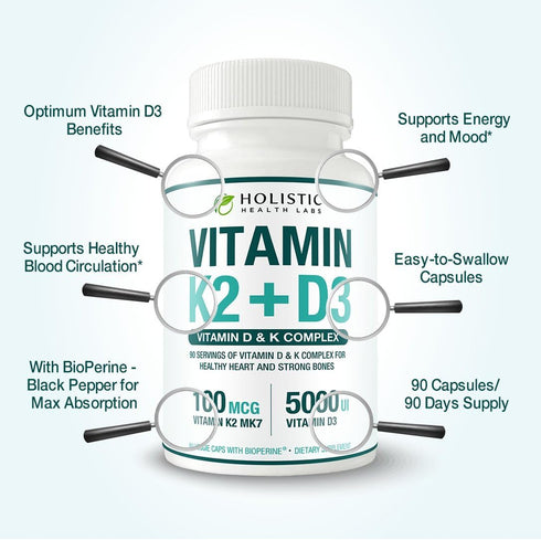 Max Absorption Vitamin K2 + D3 (5000IU) 90 Veggie Capsules from MK-7 and Cholecalciferol for Healthy Heart and Strong