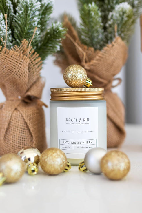 Craft & Kin Patchouli & Amber Scented Candle | 8 Oz, 45 Hour Long Lasting Classic Soy Spring Scented Candles