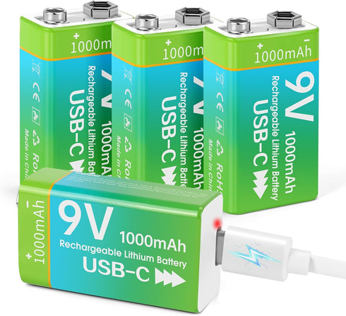volkate Rechargeable 9V Batteries for Smoke Detector, 4 Pack 1000mAh 9 Volt Lithium