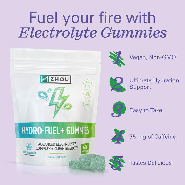 Zhou Nutrition Hydro-Fuel Plus Electrolyte Gummies, 75 mg Caffeine, Vegan, 20 Servings