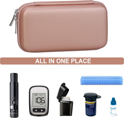 Diabetic Supplies Hard Case, Organizer Bag for Diabetes Testing Kit, Blood Glucose Monitor, Rose Gold