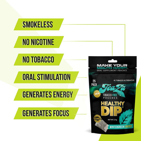 Teaza Herbal Energy Pouches, Tobacco Alternative Nicotine Free Dip, Smokeless Snuff Healthy Dip Pouches, Wintergreen