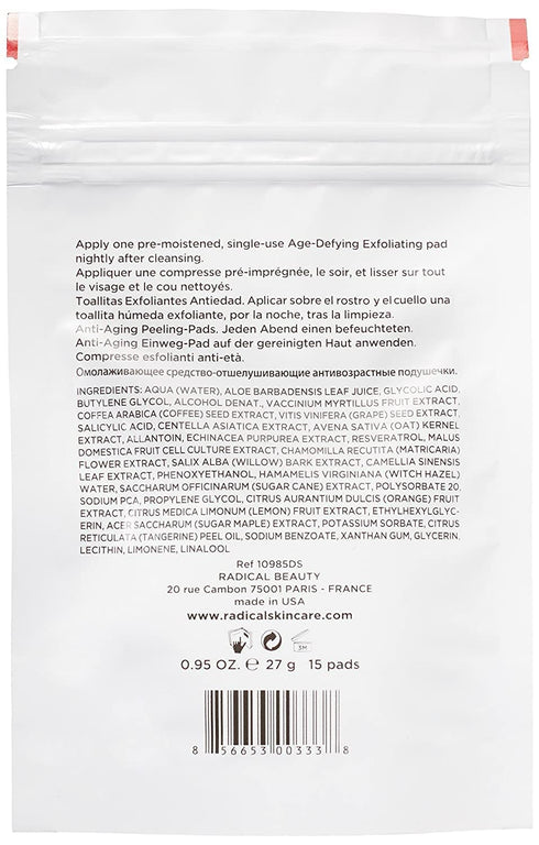 Radical Skincare Age Defying Exfoliating Pads, 15 Pads, 2 Pack, for All Skin Types, Removes Dead Skin and Evens Tone