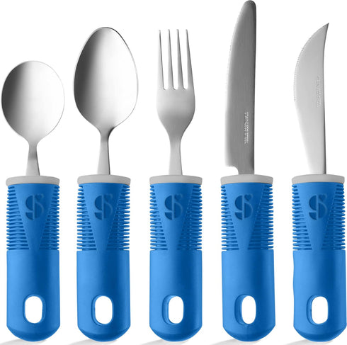 Special Supplies Adaptive Utensils 5-Piece Kitchen Set, Non-Slip Handles for Hand Tremors, Arthritis, Stainless Steel