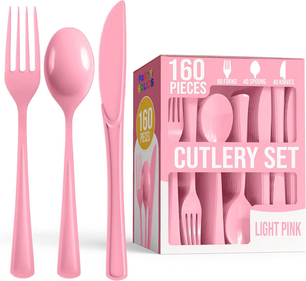 Party Solids Pink Plastic Silverware Heavy Duty 160 Pcs Pink Plastic Cutlery Set Disposable