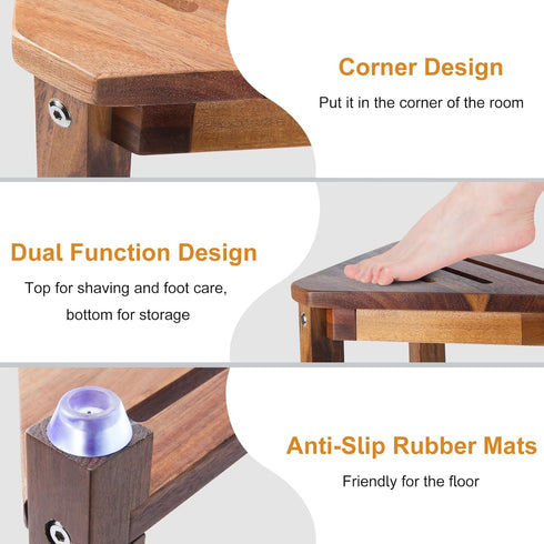 13.5in, Shower Foot Rest Acacia Wood Shower Stool for Shaving Legs, Small Foot Stool with Storage Shelf, for Inside