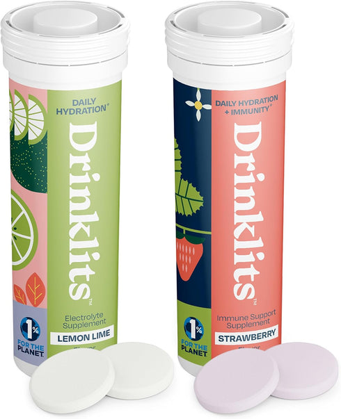 Drinklits Lemon-Lime Electrolyte Hydration & Strawberry Immune Support Tablets, 2 Tube Combo Pack