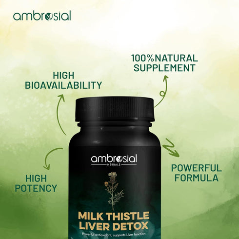 AMBROSIAL Milk Thistle Liver Detox, Dandelion Root & Other Natural Herbs, High Strength Herbal Antioxidant, 60 Capsules
