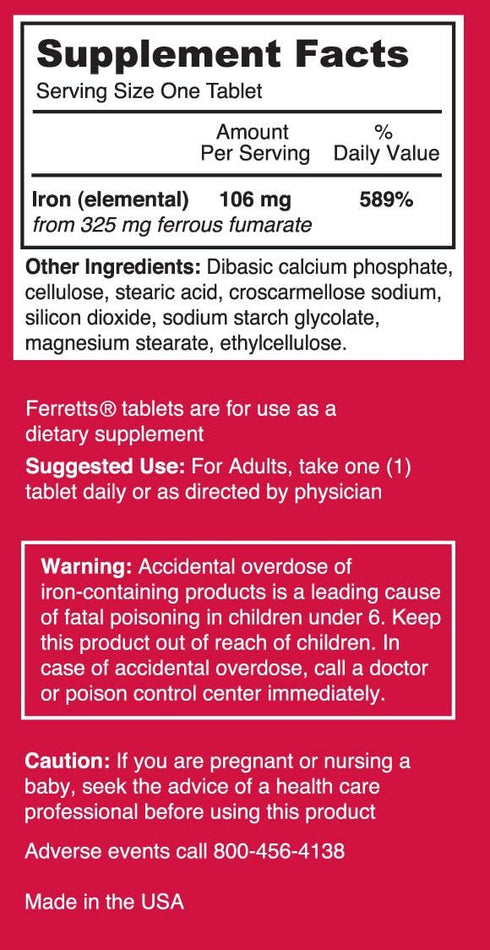 Ferretts Iron Supplement - High Potency 106 mg Elemental Iron, 60 Tablets