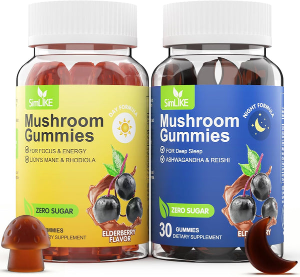 Simlike Mushroom Gummies Supplement for Sleep and Energy with Ashwagandha & Lion's