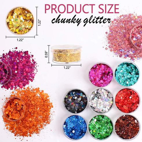 Holographic Chunky Glitter Sequins - 12 Colors Mixed Cosmetic Glitter for Face Body Eye Hair Nail Art Makeup
