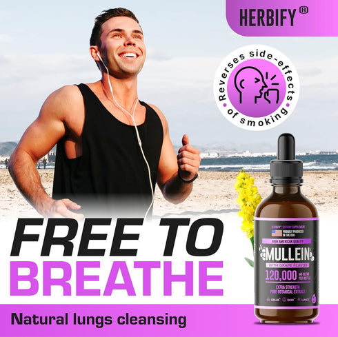 HERBIFY Mullein Drops - 4 Oz Leaf Extract for Lung Cleanse, Immune Support, Detox & Respiratory Support, Grape Flavor
