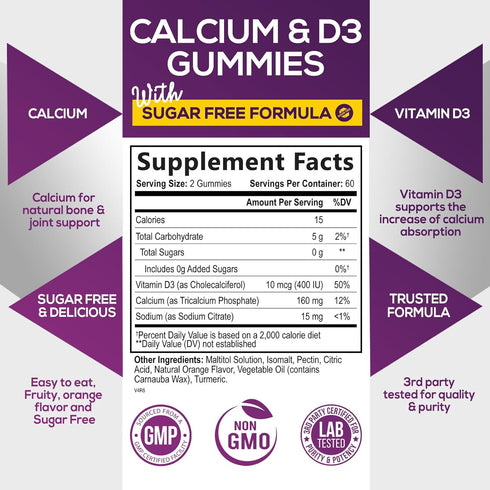 Sugar Free Calcium Gummy Bites Plus 400 IU Vitamin D3, Bone Health & Immune Support - Chewable Calcium Nutrition Supplement, Non-GMO, Orange Flavor Chews - 120 Gummies