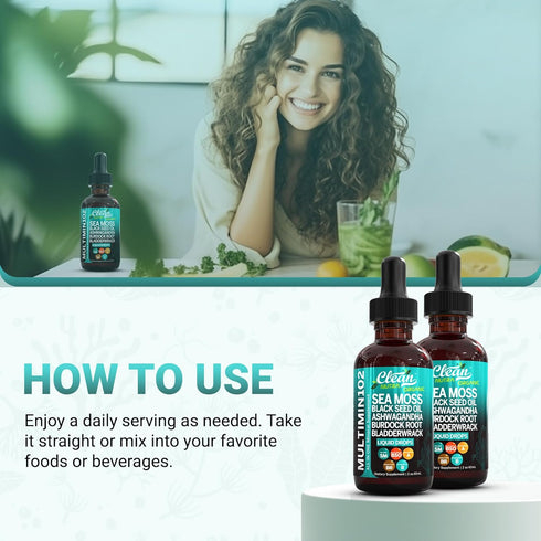 Clean Nutraceuticals Sea Moss Liquid Drops with Black Seed Oil, Ashwagandha, Burdock Root & Bladderwrack - Organic