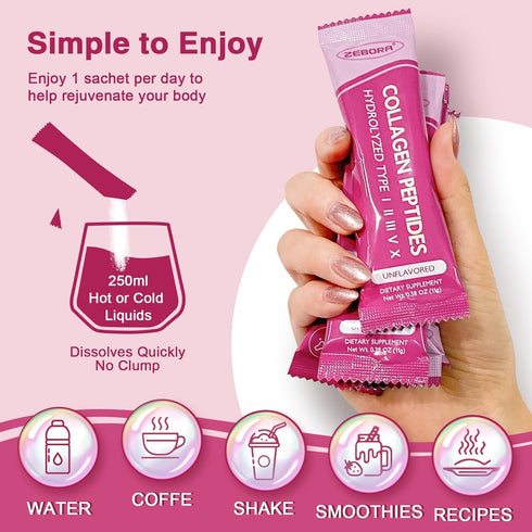 ZEBORA Collagen Peptides Powder Packets with Hyaluronic Acid, Biotin, MCT - Multi Hydrolyzed Collagen for Skin, Hair,