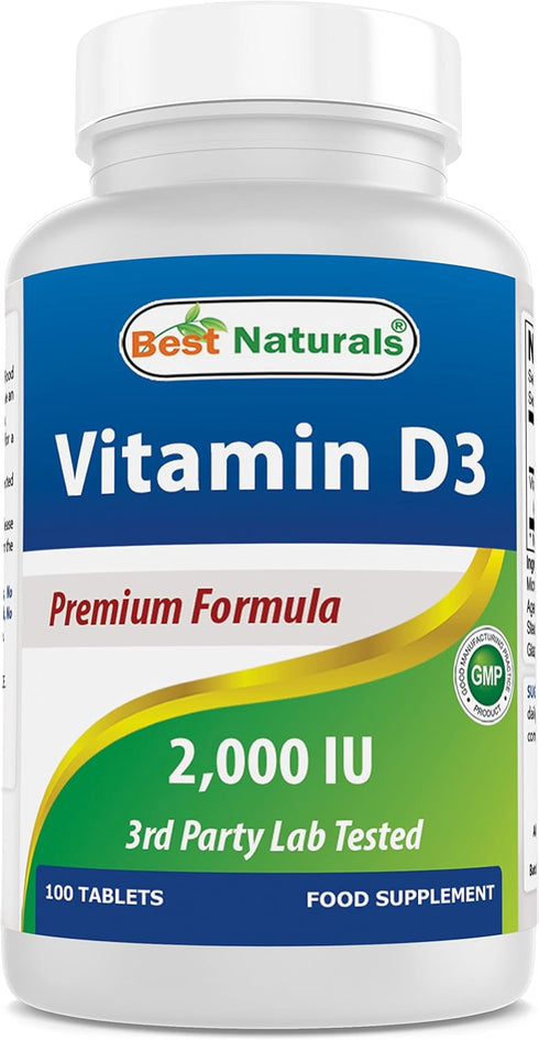 Best Naturals Vitamin D3 2000 IU (50 mcg) - 100 Tablets, 100 Days Supply for Immune Health, Strong Bones, & Muscle