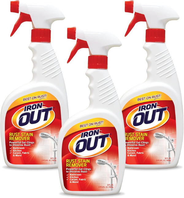 IRON OUT Rust Stain Remover Spray Gel, 24 Ounces, 3-Pack for Bathrooms, Kitchens, Laundry, and Outdoors