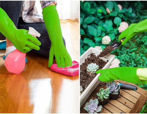 Vgo... 1-Pair Reusable Dishwashing Gloves, Long Sleeve, Thick Latex for Kitchen, Cleaning, Gardening, Size M, Green