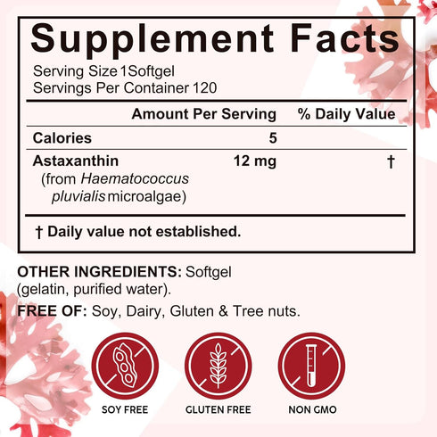 Xaarty 12mg, 4 120 Premium Astaxanthin Natural Antioxidant Supplement for Eye, Joint, Skin Health,Microalgae Source