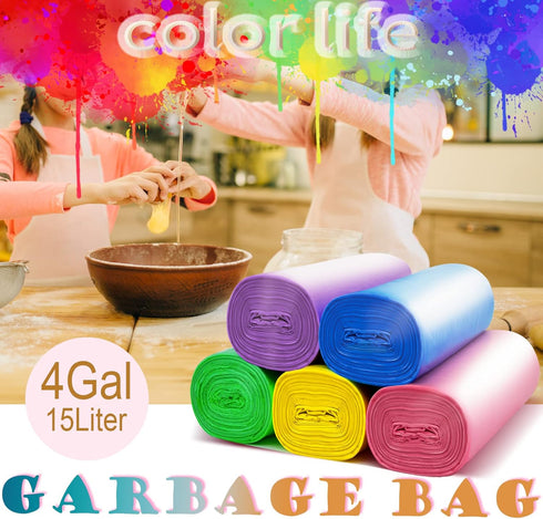 Small Trash Bag, 4 Gallon / 15 Liter Colorful Garbage Bags, 450 Count