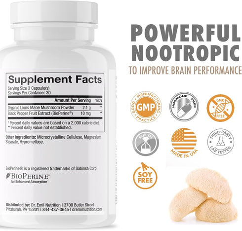 DR. EMIL NUTRITION 2100mg Organic Lions Mane Supplement Capsules - Focus, Mental Clarity, Cognition - Nootropic