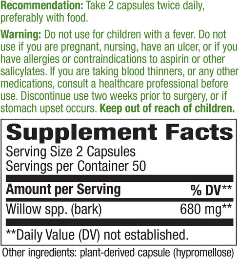 Nature's Way Willow Bark, 680 mg per Serving, 100 Vegan Capsules, Non-GMO Project Verified