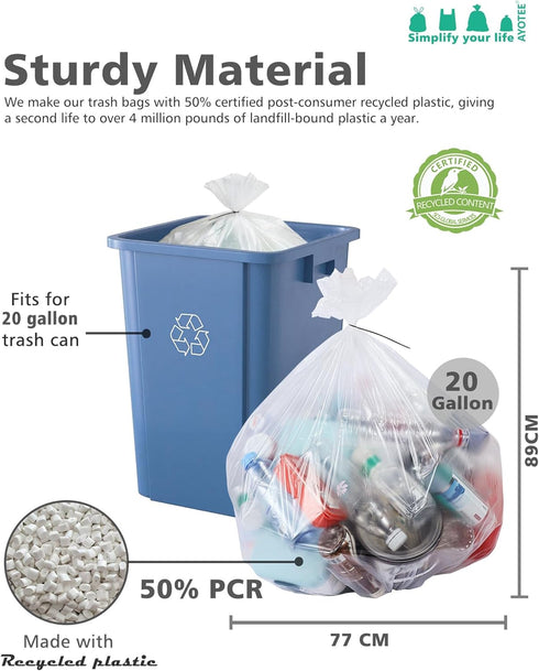 AYOTEE Trash Bags, 20 Gallon, 50 Count, Extra Large Kitchen Trash Bags with Zip Ties, 20-22 Gallon, High Density Clear