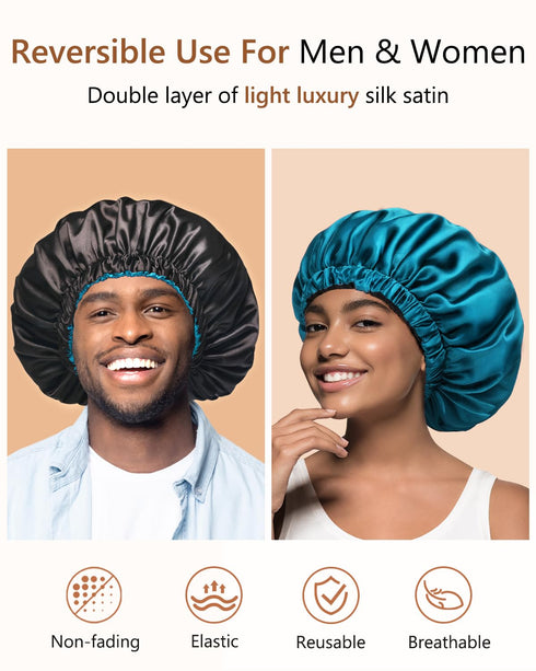 mikimini Satin Bonnet for Men and Women, Reversible Double Layer Sleeping Bonnet for Hair Braids, Adjustable Elastic