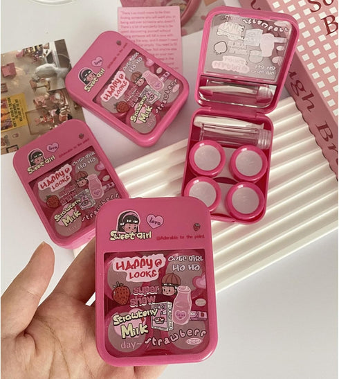 2 Pack 2 in 1 Contact Lens Cases, Travel Eye Contacts Case Box Holder with Tweezers and Solution Bottle Kit (Fuchsia)