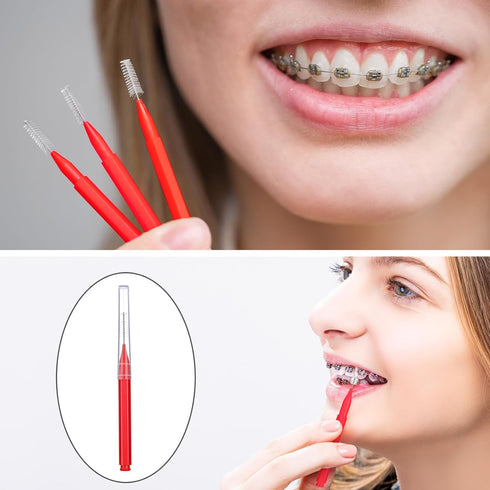 Patelai 100 Pieces Interdental Brush Toothpick Cleaners, Dental Hygiene Flosser Tool, Red, Suitable Size