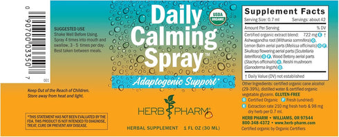 Herb Pharm Herbs on The Go Certified Organic Daily Calming Portable Spray, Adaptogenic Support*, 1 Ounce