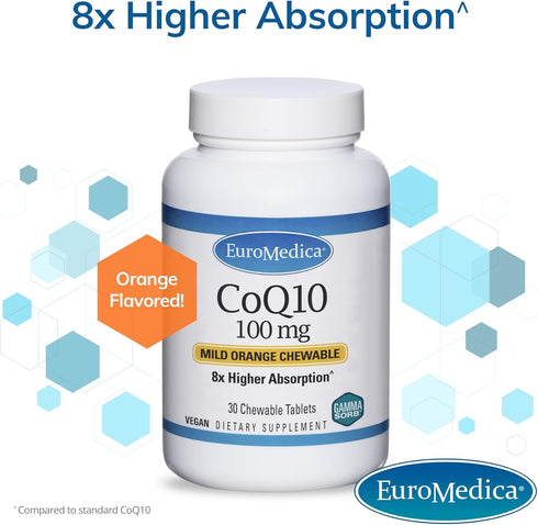 Euromedica CoQ10 Chewable, 100 mg for Energy, Antioxidant & Cognitive Health - 30 Tablets