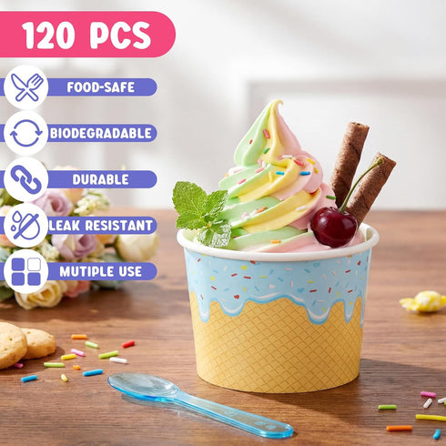 Jingmore 120 Set 6 oz Summer Paper Ice Cream Cups Bulk with Spoons Disposable Sundae Bowls Colorful Paper Dessert Cups