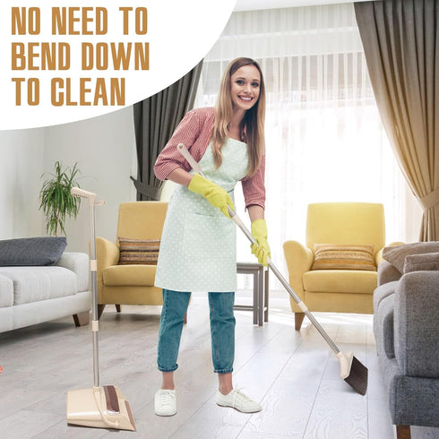 Set 1-Pack Broom and Dustpan with Long Handle, Light Weight Stainless Steel Poles Stand Upright Dustpans with Broom