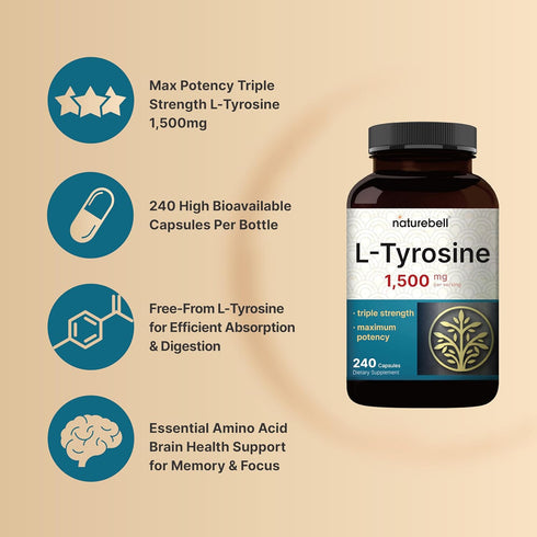 L Tyrosine Supplement, 1,500mg Per Serving, 240 Capsules | Essential Amino Acids for Brain Health, Cognitive Support