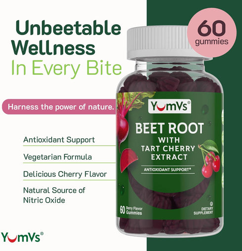 YumVs Beet Root Gummies with Tart Cherry Extract - Berry Flavor Beetroot Gummies - Beet Chews for Blood Circulation and Antioxidant Support - Red Beet Gummies (Berry 60 Count (Pack of 1))