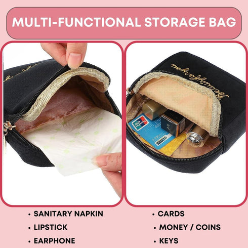 Reusable Sanitary Napkin Pads Storage Bag Portable for Women Girls | Soft Touch Velvet with Matching Open Clip Lanyard | Reusable | Zero Waste Period (Khaki Velvet)