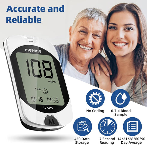 Metene TD-4116 Blood Glucose Monitor Kit with 100 Glucometer Strips, 100 Lancets, and Control Solution
