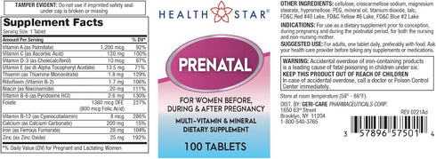 Prenatal Multivitamin by HealthStar for Healthy Mom and Baby - Folate + Vitamin C + Vitamin D + Iron + Calcium + B12 - 100 tablets