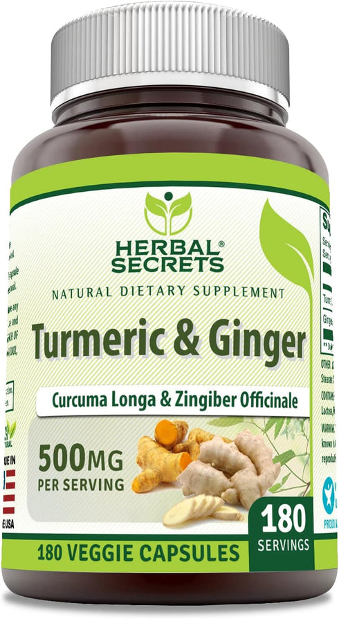 Herbal Secrets Turmeric & Ginger 500 Mg Veggie Capsules Supplement - Non-GMO, Gluten Free, Made in USA (1 Pack, 180