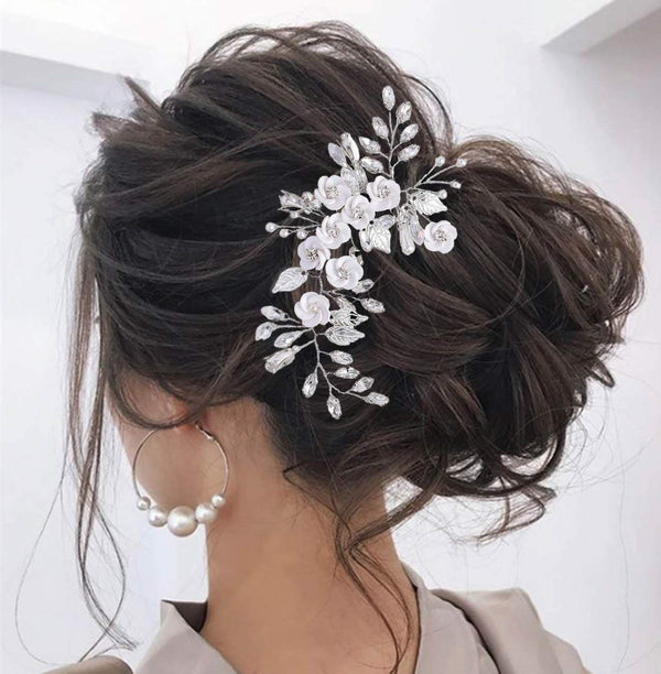 Latious Silver Flower Bride Wedding Hair Vine, Rhinestone Bridal Hairpiece for Women and Girls