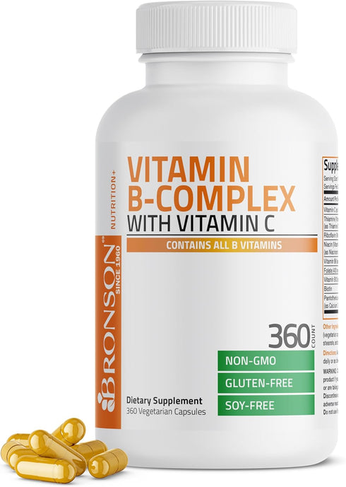 Bronson Vitamin B Complex with Vitamin C - 360 Vegetarian Capsules for Immune Health, Energy Support