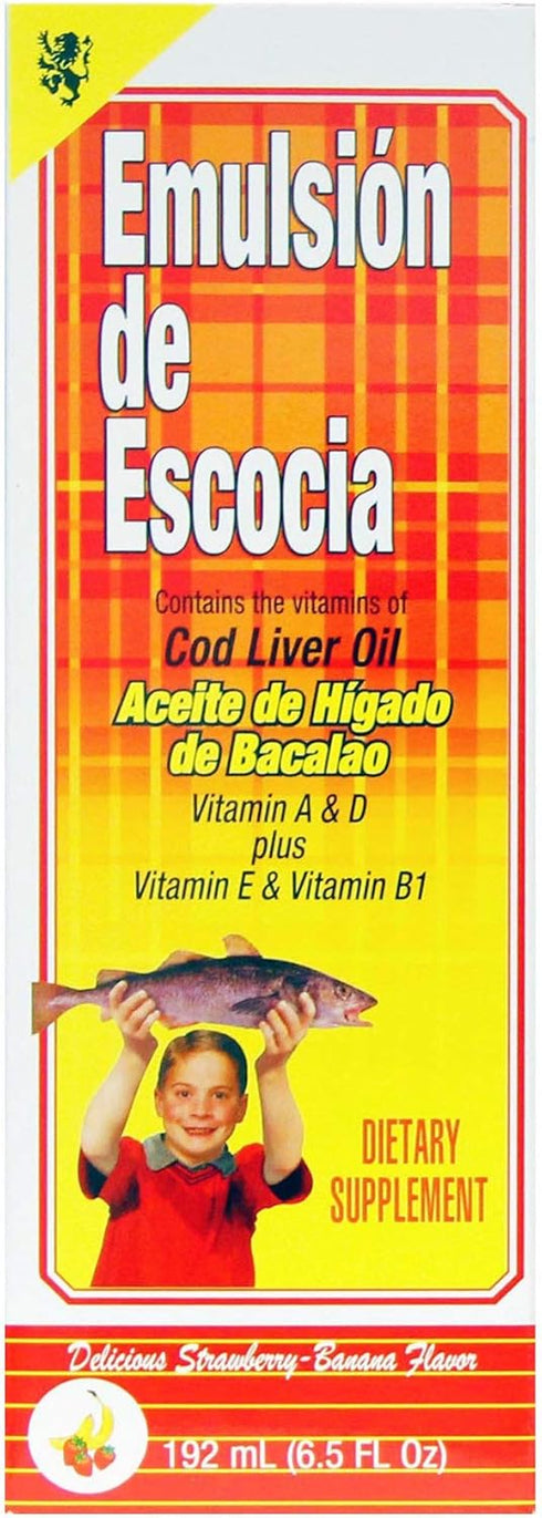 EMULSION DE ESCOCIA Cod Liver Oil Liquid, Strawberry-Banana Flavor, Fish Oil Liquid with Vitamins A, D, E & B1 for Kids & Adults, Immune & Bone Health, Omega-3, 2 Pack (6.5 fl oz Each)