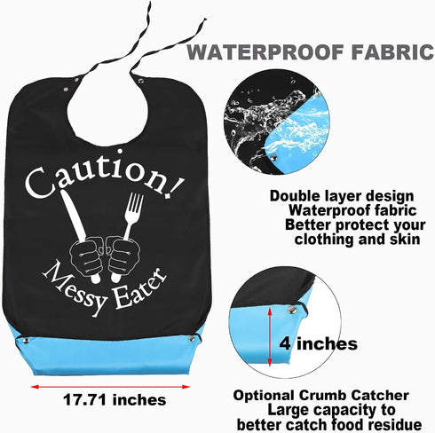 JNIAP Caution Messy Eater Adult Bibs With Crumb Catcher Gag Pranks Bib Gift Adjustable Dining Clothing Protectors