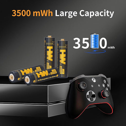 HW 4 Pack Rechargeable Lithium Batteries AA, 1.5V 3500 mWh 2.5H Fast Charge Long-Lasting Power 1000+ Cycles Reuseable Double A Battery
