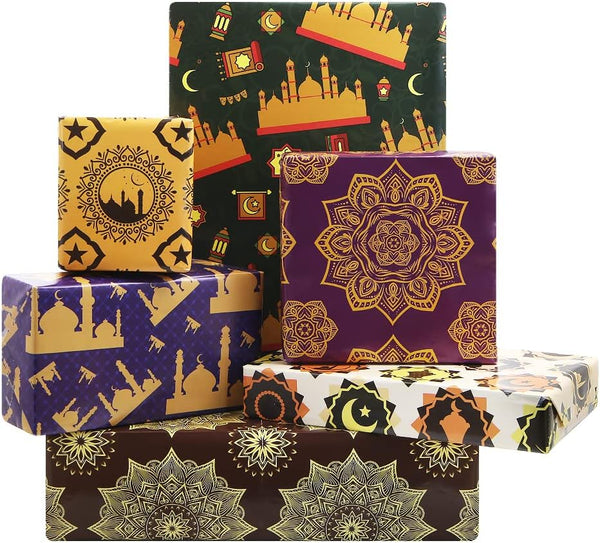 Apol Vintage Gift Wrapping Paper, Ramadan Eid Mubarak Blue Castle Stars Moon Retro Flower, 6 Folded Sheets