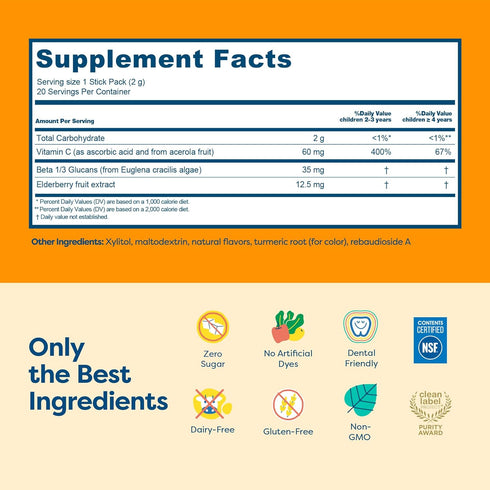 Immune 2+, 0g 20 Packs Hiya Kids Support Vitamin C, Elderberry & Beta Glucans for Ages Delicious Orange Flavor, Sugar
