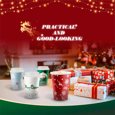 WOWSOLID 12 oz, 40 Pack Christmas Disposable Coffee Cups with Lids To Go Coffee Cups, Holiday Paper Cups for Hot