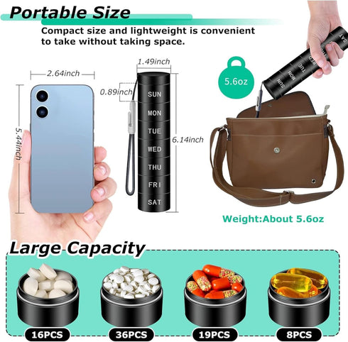MAOTAO 7 Day Pill Organizer Small Travel Size, Weekly Pill Case with Removable Days, Portable Pill Container Waterproof