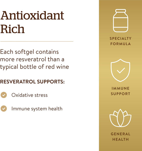 Solgar Resveratrol with Red Wine Extract, 250 mg, 60 Softgels - Non-GMO, Gluten Free, Dairy Free